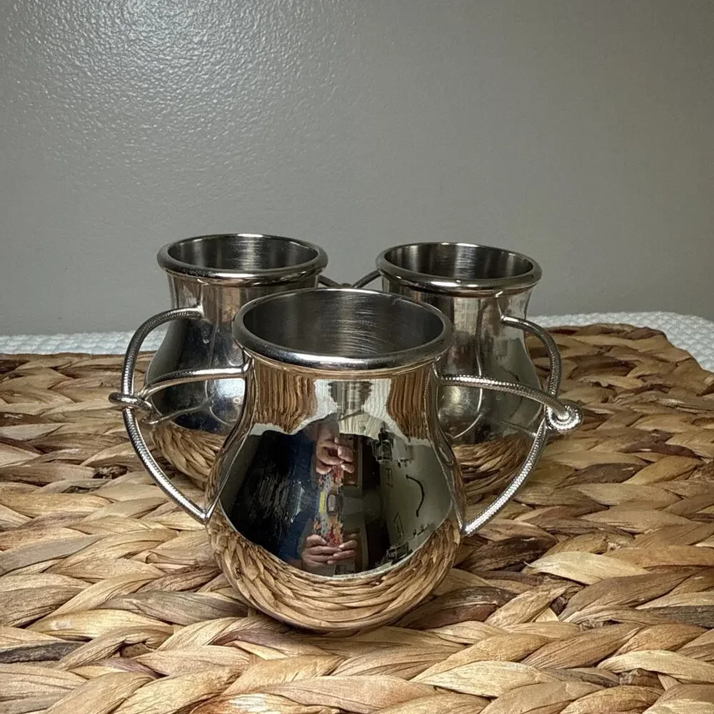 Vtg Set 3 Silver Tone Metal Bud Vases Rigid Intertwined Rope Handles MCM Decor
